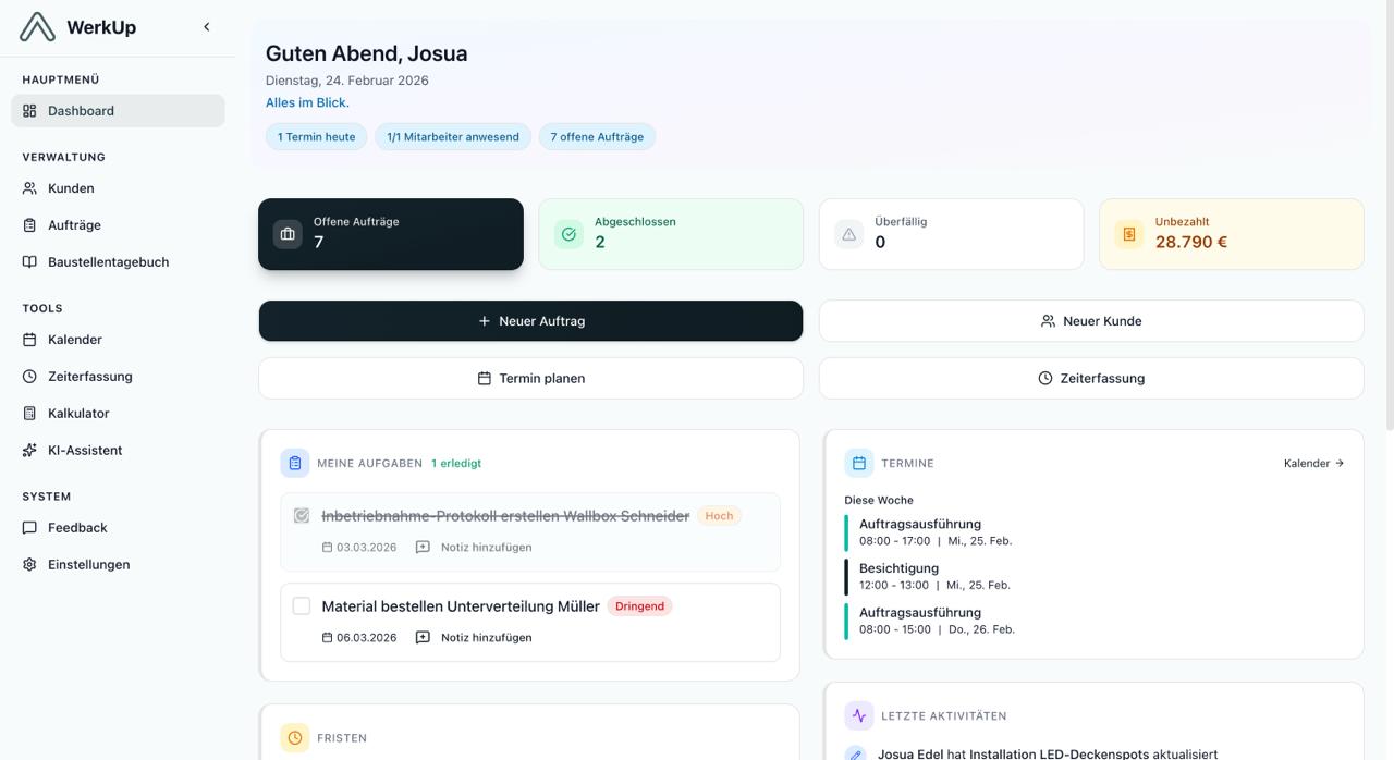 WerkUp Dashboard Übersicht