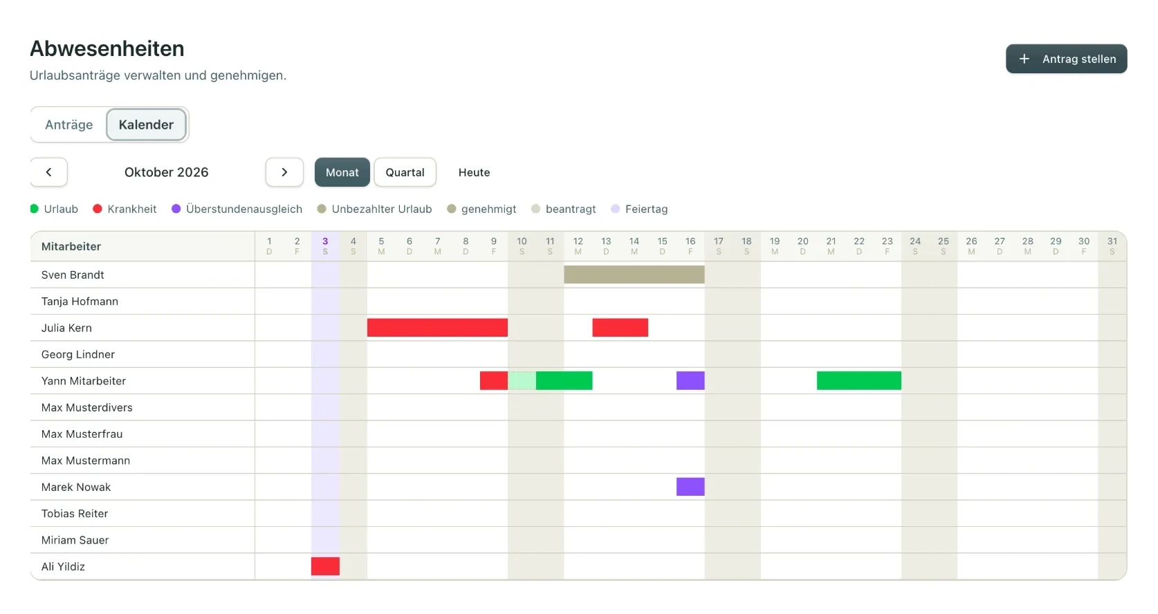 Abwesenheiten im Kalender mit Urlaub, Krankheit und Feiertagen (Beispieldaten aus dem GaLaBau)