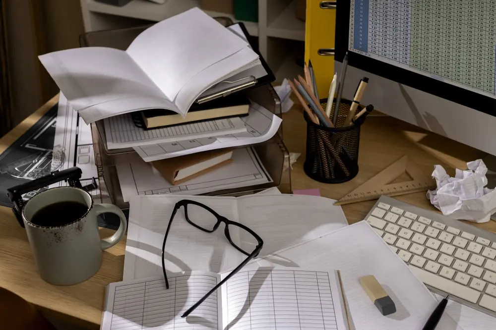 Überfüllter Schreibtisch mit Papierstapeln, Notizbüchern und Kaffeetasse