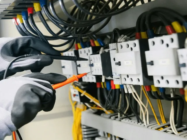 Elektriker in Handschuhen prüft mit Messspitzen einen Schaltschrank