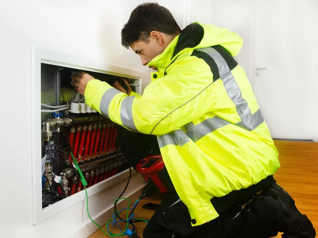 Handwerker in Warnjacke arbeitet an einem Heizungsverteiler in der Wand