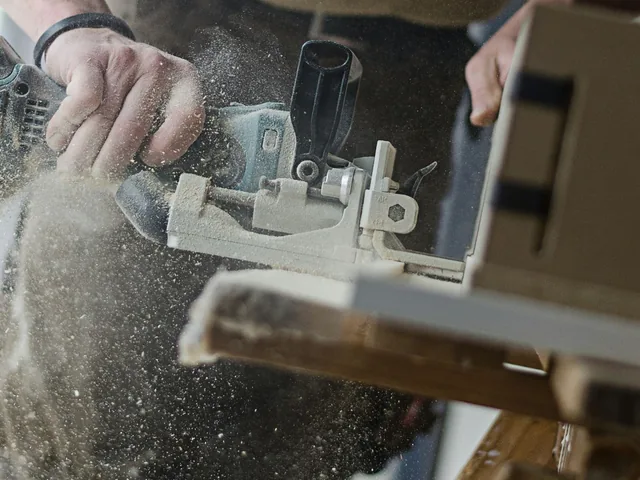 Tischler fräst mit einer Flachdübelfräse, Holzspäne fliegen