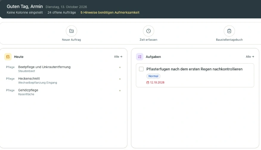 Ausschnitt der WerkUp Startseite mit Begrüßung, Schnellzugriffen, Terminen und Aufgaben (Beispieldaten)