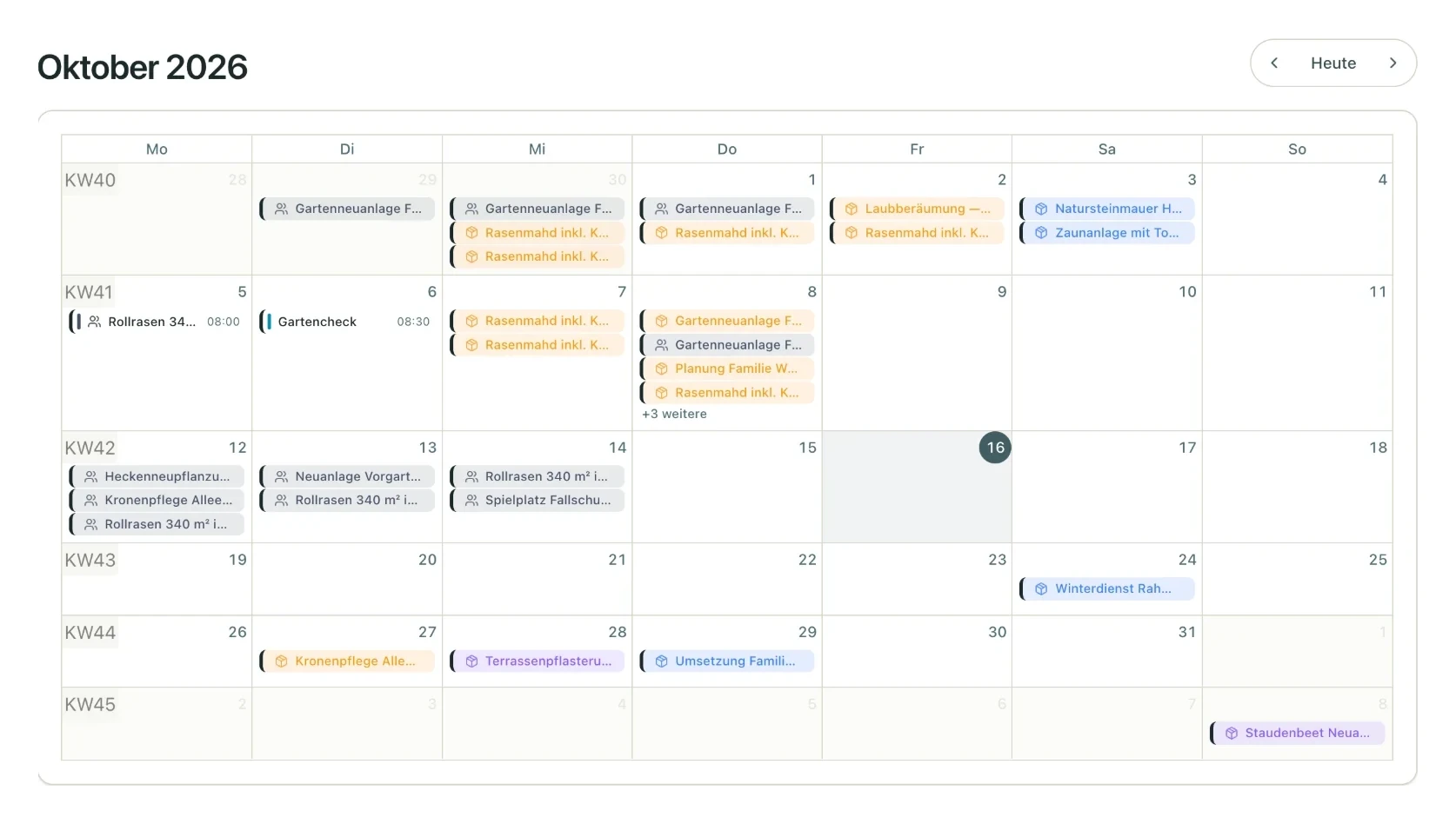 Kalender in der Monatsansicht mit Einsätzen und Aufträgen (Beispieldaten aus dem GaLaBau)