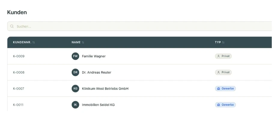 Kundenliste mit Suche und Typ
