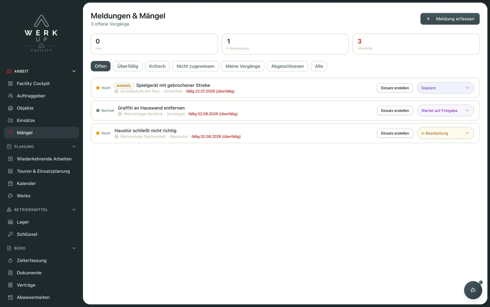 Meldungen und Mängel mit Status und Einsatz-erstellen-Button (Beispieldaten aus WerkUp Facility)