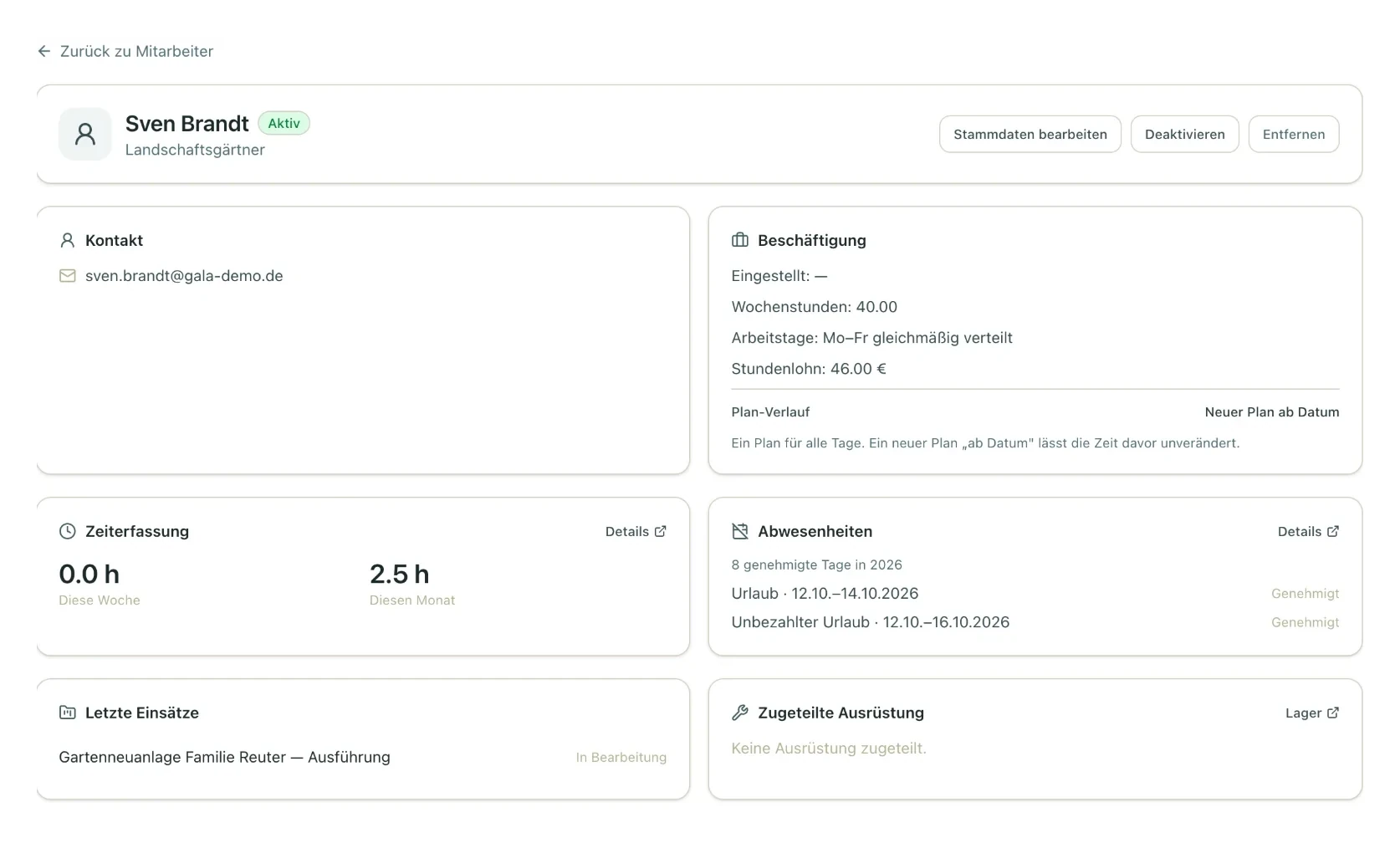 Mitarbeiterprofil mit Beschäftigung, Zeiterfassung und Abwesenheiten (Beispieldaten aus dem GaLaBau)
