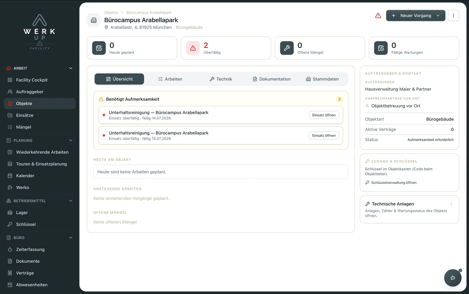 Objekt-Detailansicht mit Ansprechpartner, Zugang und offenen Arbeiten (Beispieldaten aus WerkUp Facility)