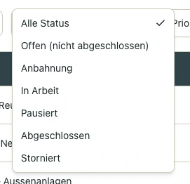 Projektliste: Filter nach Status