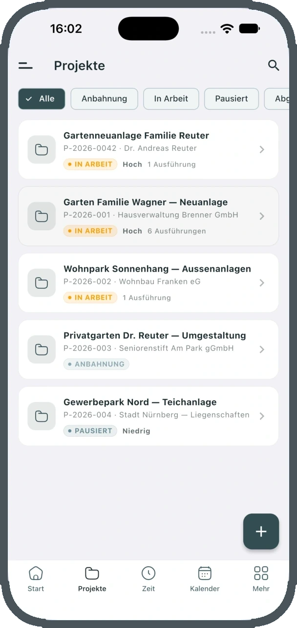 Smartphone: Projektliste mit Filtern