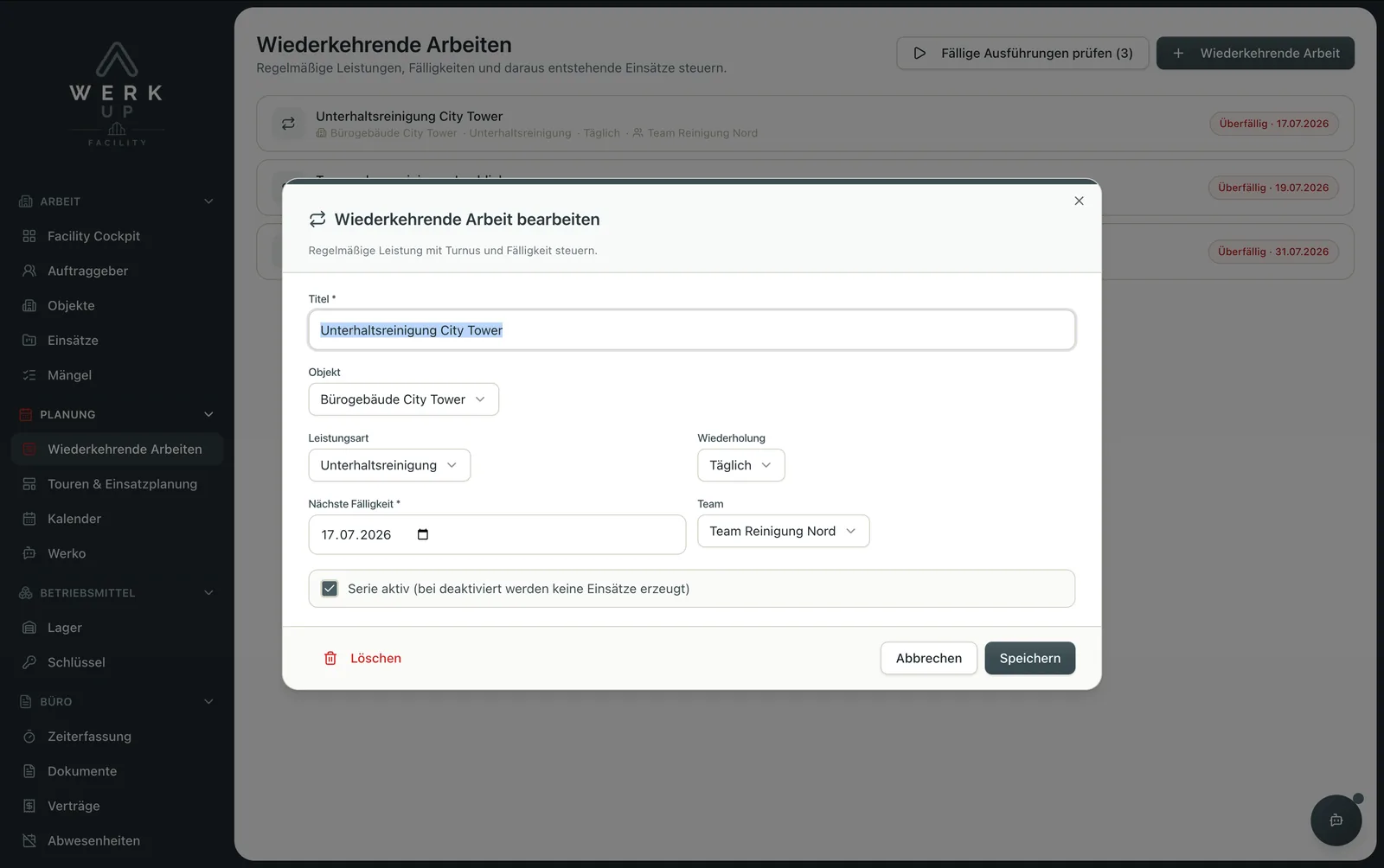 Wiederkehrende Arbeit mit Turnus, Fälligkeit und Team (Beispieldaten aus WerkUp Facility)